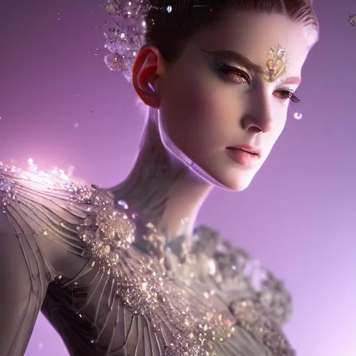 Image similar to full body detailed, ethereal, biomechanical, covered in diamonds and other gems glowing, highly detailed face, elegant posed, intricate, extremy detailed, beeple, cgsociety, 3 d unreal engine octane render. cinematic lighting, highly detailed 4 k art