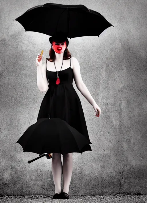 Image similar to a beautiful white pale skin girl, full body, black dress, vibrent red lipstick, a black hat, black umbrella black and white