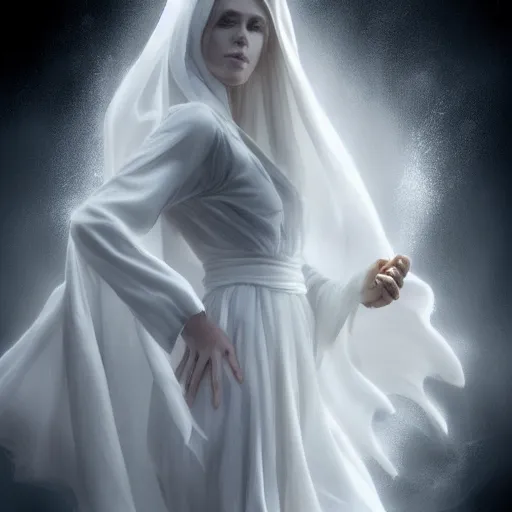 Prompt: white female dancing gost weared with white veils, matte painting, cinematic, epic composition, detailed, atmospheric, wide angle, artstation trending