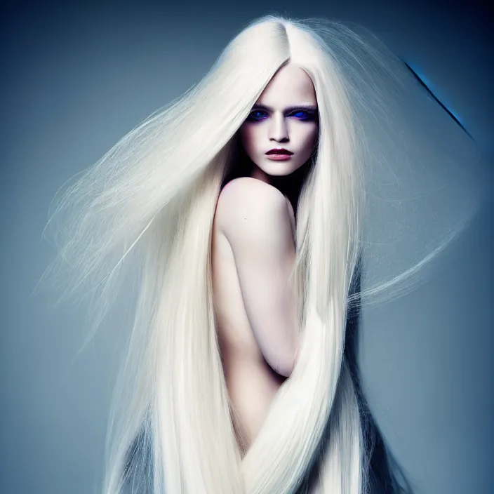 Prompt: a beautiful woman with long blond hair, total body dressed in long white, fine art photography light painting by Paolo Roversi, professional studio lighting, volumetric lighting, dark colors scheme background, hyper realistic kodak photography, in style of vogue fashion magazine