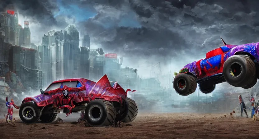 Prompt: a Unicorn monster truck and a Spiderman monster truck in an arena with cheering fans, concept art by Doug Chiang cinematic, realistic painting, high definition, digital art, symmetrical, very detailed, extremely high detail, photo realistic, concept art, unreal engine 5,