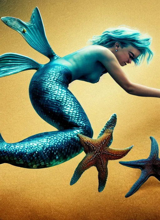 Image similar to mermaid jumping on a starfish, realistic, sharp focus, 8 k high definition, concept art, insanely detailed, intricate, elegant