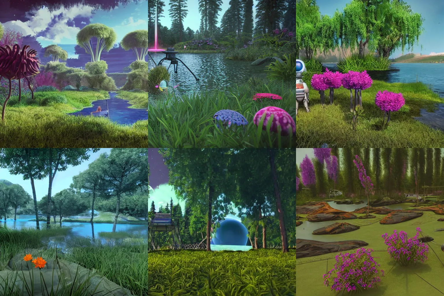 Prompt: in a park and next to a lake, in a small town on an alien planet, with strange alien plants and flowers, from a space themed Serria point and click 2D graphic adventure game, made in 2019, octane render