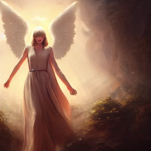 Image similar to taylor swift as a heavenlh angel showing seeds of happiness, clear face, focus, magical world, by greg rutkowski, sung choi, photo realistic, 8 k, cinematic lighting, hd, atmospheric, hyperdetailed, trending on artstation, devainart, digital painting, glow effect