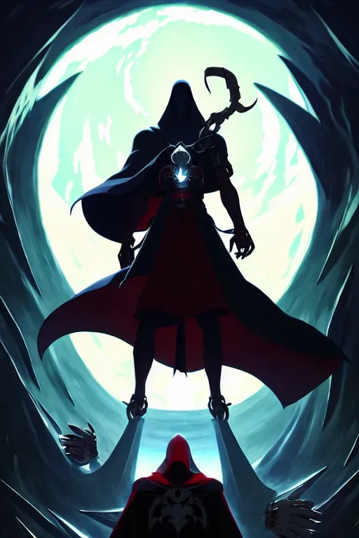 Image similar to video game cover, reaper dressed with a cape surrounded by demons, mid view, design on a black background, by studio muti, greg rutkowski makoto shinkai takashi takeuchi studio ghibli