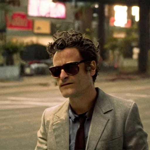 Image similar to joaquin phoenix in the street, in fight club film still cinematography by david fincher