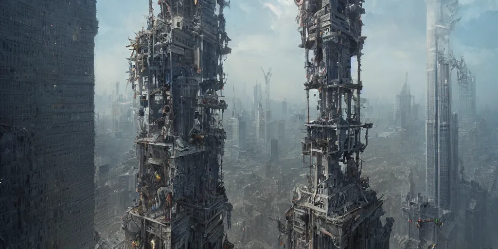 Prompt: a necromancer standing on top of a skyscraper made from mechanical parts, greg rutkowski, 8 k, shallow depth of field, intricate detail, concept art,