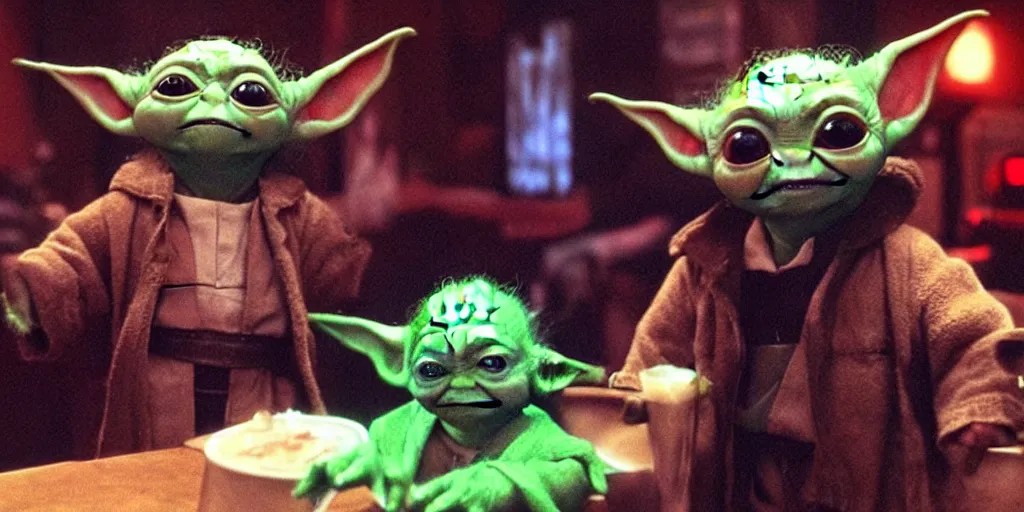 Prompt: baby yoda sings karaoke down at the local pub, rgb ambient lighting, dramatic lighting, style of mandalorian ( tv show ), rougue one ( film ), buzz lightyear ( film ), space odyssey 2 0 0 1 ( film )