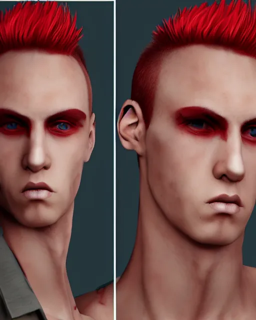 Image similar to young man with a short red dyed mohawk, red eyes and a slim face, dressed in punk clothing, headsho, attractive, handsome, in color, no makeup, model, realistic digital art