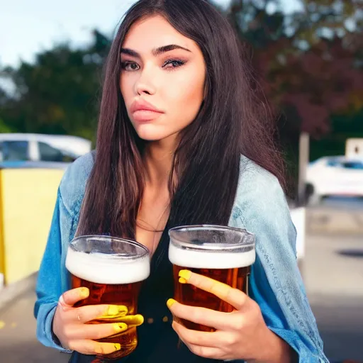 Image similar to 4k,ultra detailed portrait of Madison Beer drinking beer at the parking lot by Rachel Ruysch