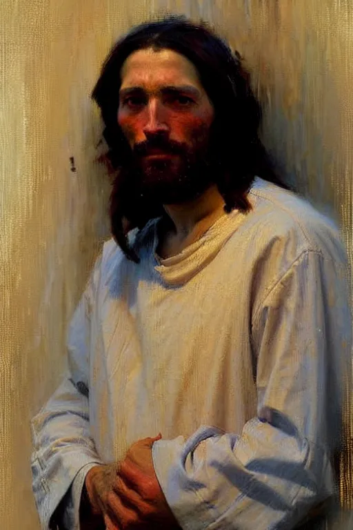 Image similar to impressionist brushstrokes!!!!!!!!! solomon joseph solomon and richard schmid and jeremy lipking victorian loose genre loose painting full length portrait painting of jesus with a slight smile happy inviting