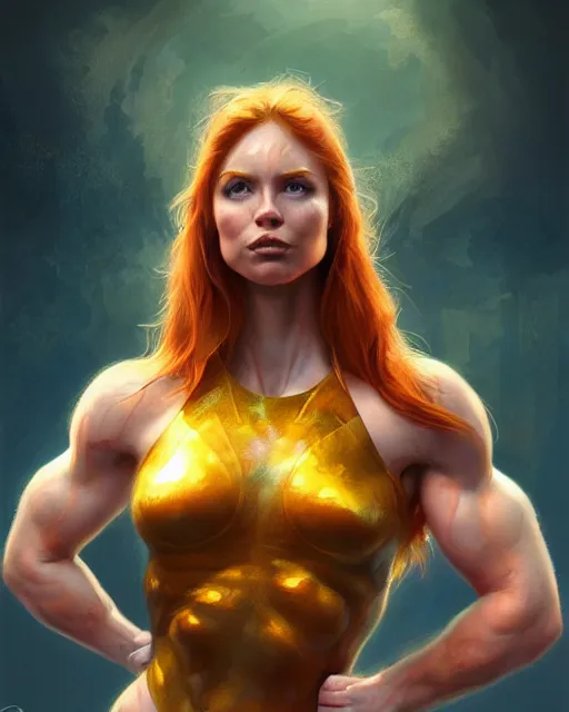 Prompt: muscular female superhero, perfect face, halter top, ginger hair, abs, cinematic, freckles, stunning, cape, athletic, strong, agile, highly detailed, psychedelic, digital painting, artstation, smooth, hard focus, illustration, art by jessica rossier and and brian froud