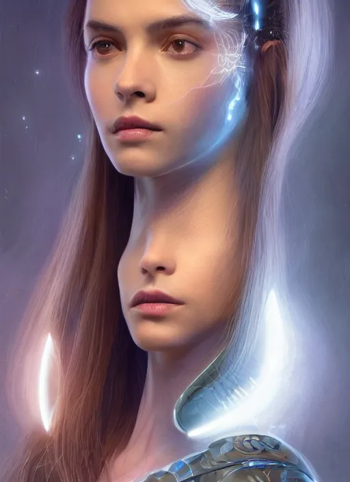 Image similar to a professional portrait of a beautiful young female, clothed in electroluminescent armor, olive skin, long dark hair, beautiful bone structure, symmetrical facial features, intricate, elegant, digital painting, concept art, smooth, sharp focus, finely detailed, illustration, from Valerian and the City of a Thousand Planets, by Ruan Jia and Mandy Jurgens and Artgerm and William-Adolphe Bouguerea