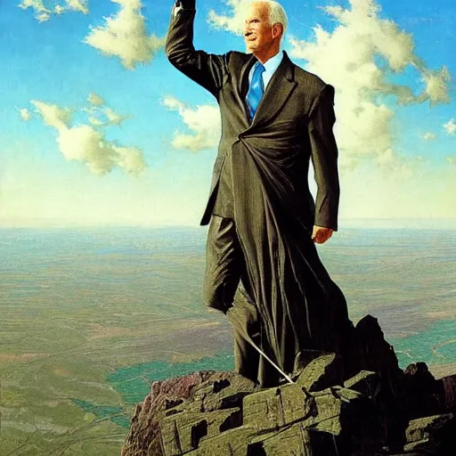 Image similar to portrait of immense, majestic, surreal, terrifying joe!!!! biden!!! standing triumphant over the city, perfectly clear face, by j. c. leyendecker, bosch, and beksinski