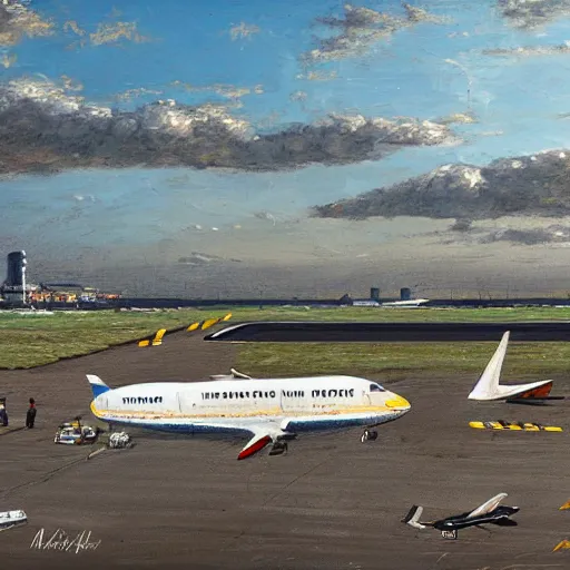 Prompt: a plane parked on the runway of a African airport, beautiful digital art, cinematic composition, detailed, concept art, Matt painting, oil painting, high res, norman rockwell artwork style,