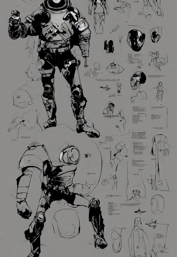 Image similar to male, heroic figure, space suit with a modern helmet, science fiction, sketch, character sheet, very stylized, upa style, digital art, illustration, pen and ink, digital painting, by mike mignola, by alex maleev