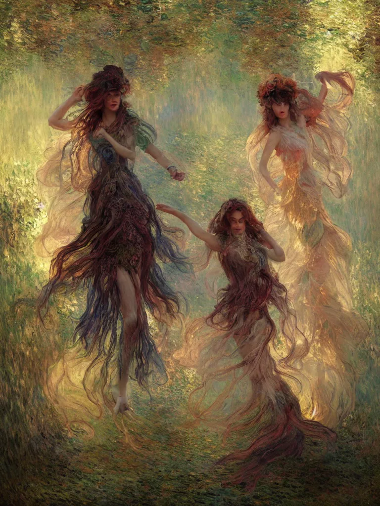 Image similar to illustration studio portrait of three dark beautiful seraphim female energy dancing in artistic poses in a coven at the forest, a big firepit emerges, monet painterly motives and textures pattern, hyper detailed, octane render, vivid colors, artstation, by jeremy mann, by alphonse mucha, by monet