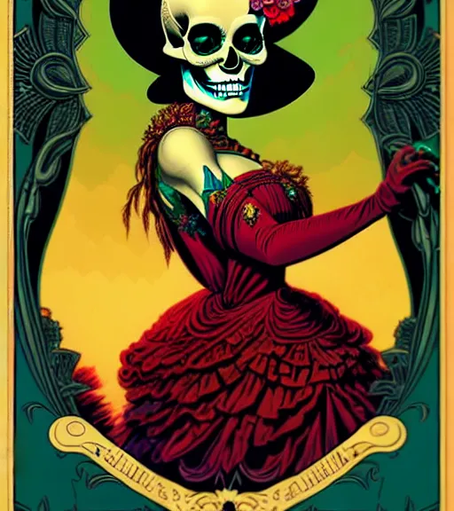 Prompt: a beautiful fancy skull lady by dan mumford and gil elvgren, folklorico, tarot