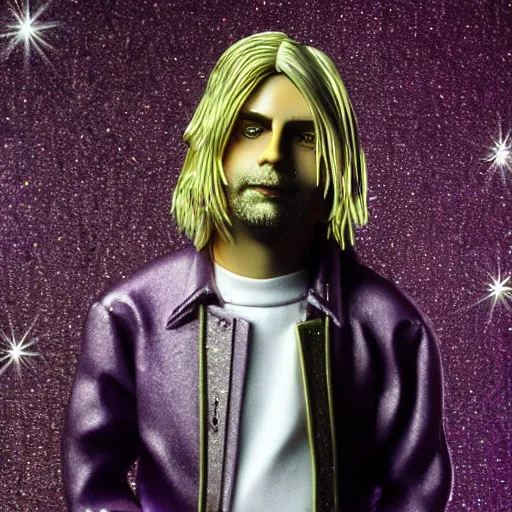 Prompt: Kurt Cobain with silver-violet hair, white eyes and golden glittery dress, wide lens, diorama, 4k,