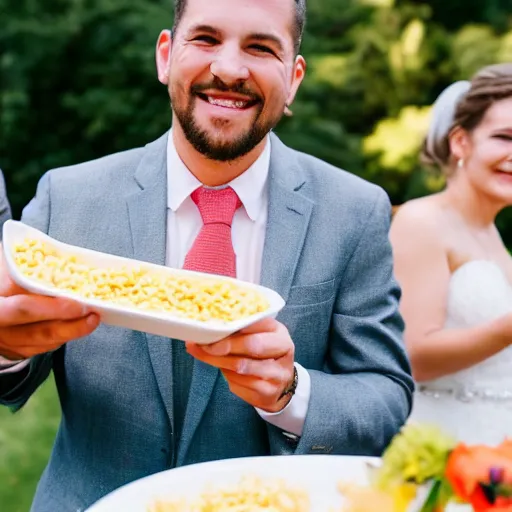 Image similar to a man smiling brings a tupperware of macaroni to a wedding