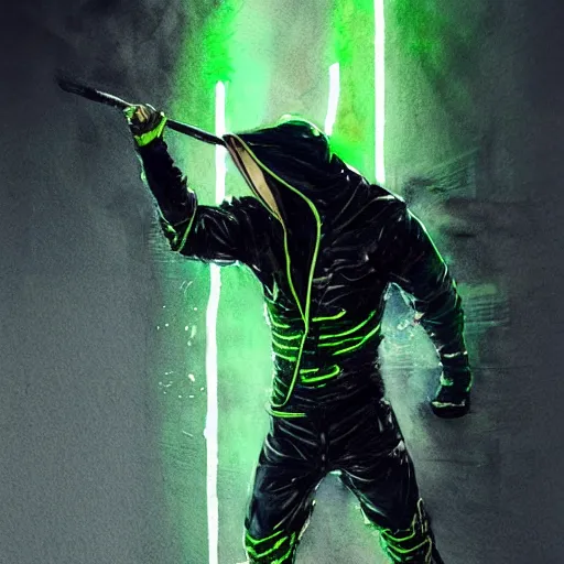 Image similar to realistic and professional watercolor artwork of a dark fantasy hooded ninja warrior with neon green lines, futuristic style outfit, super detailed, trending on artstation, concept art, portrait, dramatic light, painted by greg rutkowski