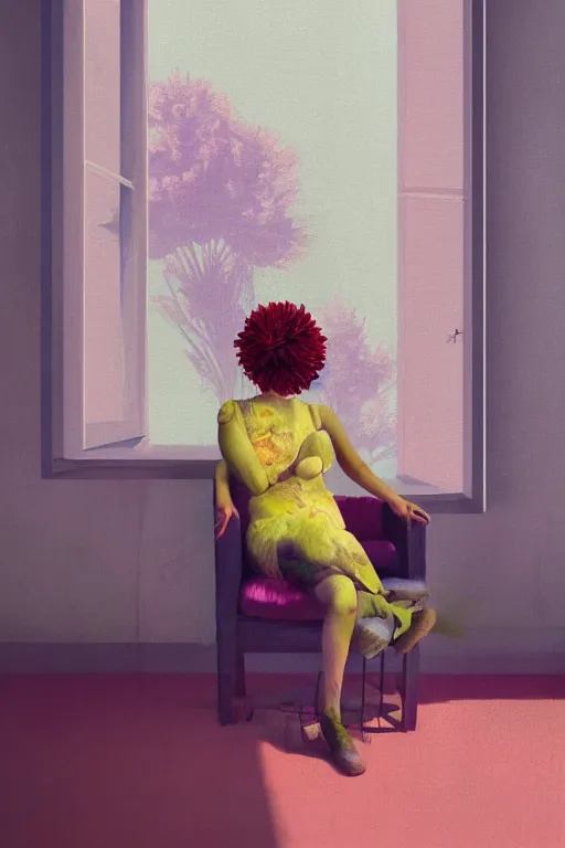 Prompt: closeup, large flower head, woman sitting on lounge chair by a tall window, surreal photography, studio light, impressionist painting, digital painting, artstation, simon stalenhag
