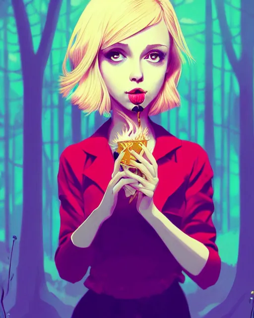 Prompt: digital illustration of pretty girl with short blonde hair hair, from alice in wonderland, smoking, in a wonderland forest, in junkyard at night, by ilya kuvshinov, lois van baarle, rossdraws, basquiat