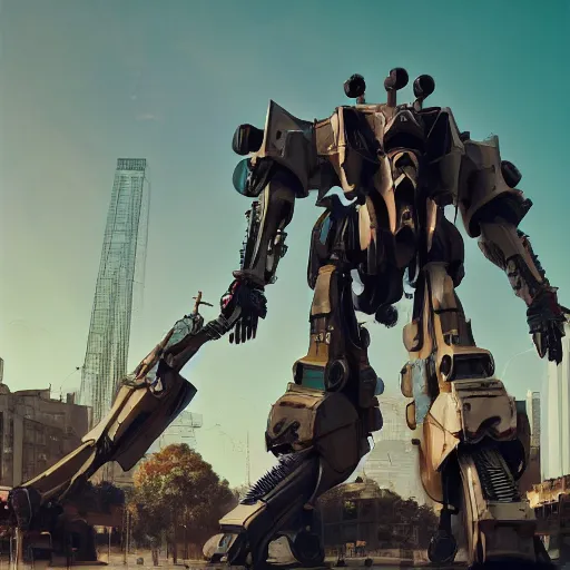 Image similar to six feet tall mech fighting in an urban environment, gaudi, by ismail inceoglu, octane render, by weta digital, cinematic lighting, bump mapped, lumen reflections, action scene screenshot, epic scale, trending on artstation