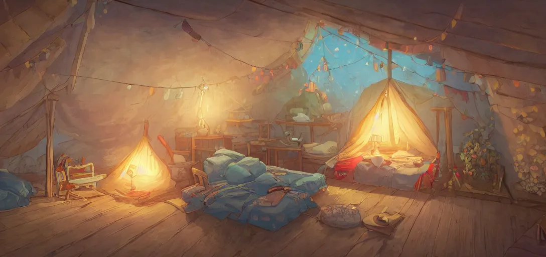 Image similar to cozy attic packed with antiques and furniture, a tent made of bedsheet lit by colorful lightbulps, intricate Details, illustration , in the style of Studio ghibli, breath of the wild, myazaki, anime, clean render, denoise, rule of thirds