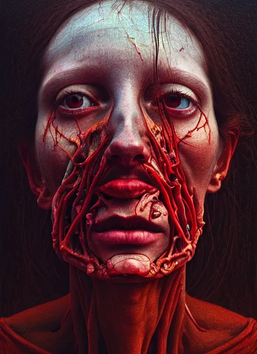 Prompt: there is ugliness in beauty, but there is also beauty in ugliness detailed portrait painting inspired by beksinski and alex gray, accurate anatomy, anamorphic lens, anamorphic lens flares, kodakchrome, cinematic composition, award winning photo, by jenny saville, gaspar noe 8 k