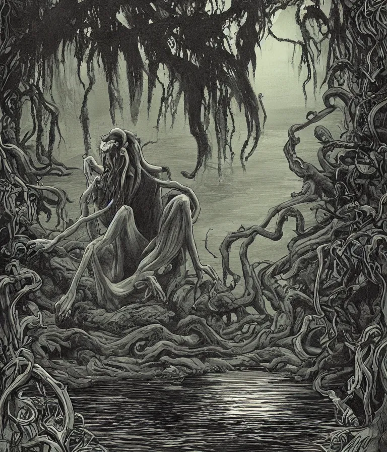 Image similar to illustration in the style of daniel danger of cthulhu sitting by a pond in the forest