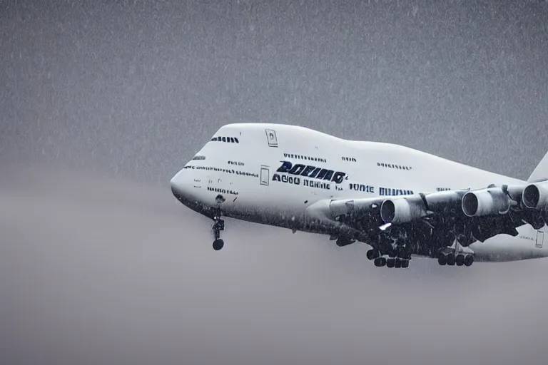 Prompt: detailed photo a boeing 7 4 7 landing at a 4 5 degree angle, on a runway in heavy rain and wind, photo from a spectator, 8 k, natural lighting