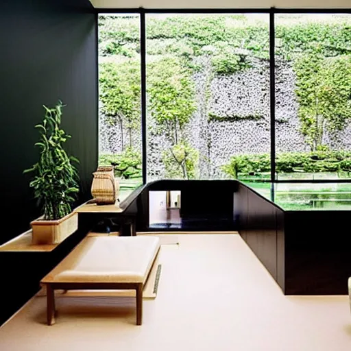 Image similar to “extravagant luxury apartment interior design, by Tadao Ando and Koichi Takada, contemporary art, black walls, potted plants, modern rustic”