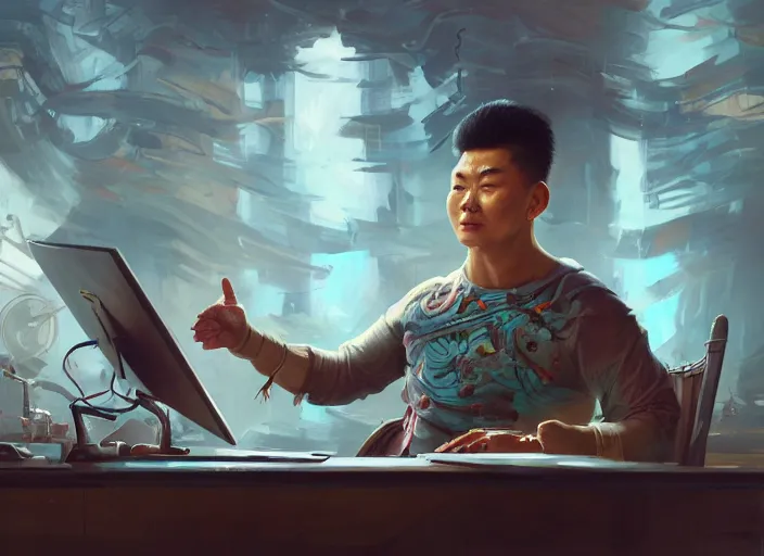 Image similar to an insanely detailed painting of an asian man wearing a homemade superhero costume, sitting at a desk, staring seriously at the computer and typing, in the style of peter mohrbacher, james jean, ruan jia, dramatic lighting and composition, surreal background, octane render, pixar, trending on artstation, concept art, comic book, view from behind, 8 k