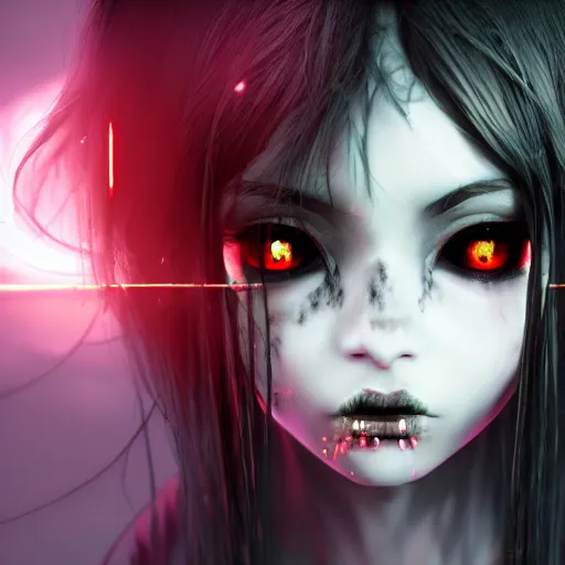 Prompt: photorealistic full shot of masterpiece angry darkness anime girl, beautifull lovely eyes, electric aura with particles, inspired by tim burton, detailed, unreal engine 4 k, volumetric light, fog