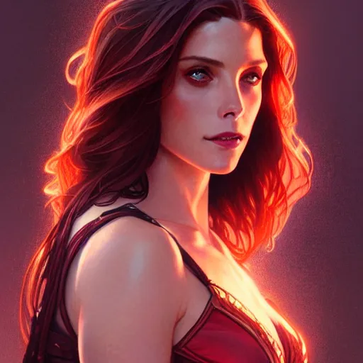 Image similar to Ashley Greene as Scarlet Witch, western, D&D, fantasy, intricate, elegant, highly detailed, digital painting, artstation, concept art, matte, sharp focus, illustration, art by Artgerm and Greg Rutkowski and Alphonse Mucha