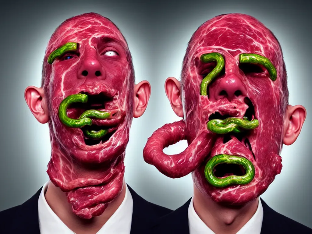 Prompt: a perfect colour horrifying portrait photograph of a man with 7 3 eyes. tubes emerging from his nostrils and mouth. head expanded to a perfect cube, covered in translucent beef. perfect focus, studio lighting, gallery setting. inspired by chinese nuclear weapon launching