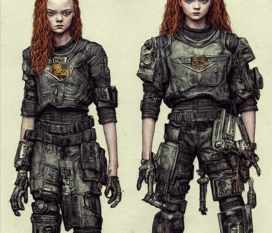 Image similar to sadie sink dressed in oversized school uniform : costume concept for a scifi cyberpunk film. by greg staples and elsa beskow. sharp focus, cinematic atmosphere, detailed and intricate, perfect anatomy