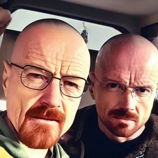 Image similar to walter white doing a selfie with jesse pinkman, realistic