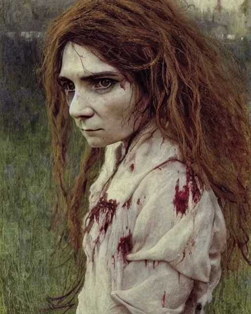 Prompt: a beautiful but sinister girl who looks like a young shirley henderson in dead space, with haunted eyes and crazy hair, eerie moorlands behind her, horrifying, 1 9 7 0 s, seventies, delicate embellishments, a little blood, crimson, painterly, offset printing technique, by jules bastien - lepage