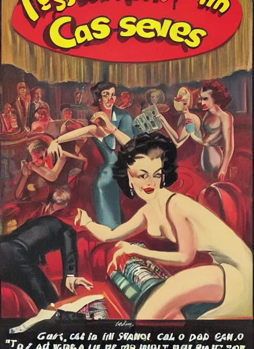 Image similar to casino in hell, devils and sinners play in the casino, advertising in the style of american art of the 1 9 5 0 s in color