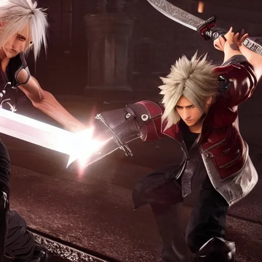 Image similar to Dante from Devil May Cry 5 and Cloud Strife from Final Fantasy VII Remake fighting each other with their swords, fantasy, shot on iphone, hyperrealism 8k,