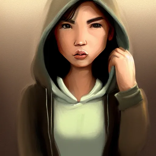 Image similar to young Latin girl with a beige hoodie, shy, focus on face, still, photograph, digital painting, trending on artstation, masterpiece, in the style of JB Casacop, pixar