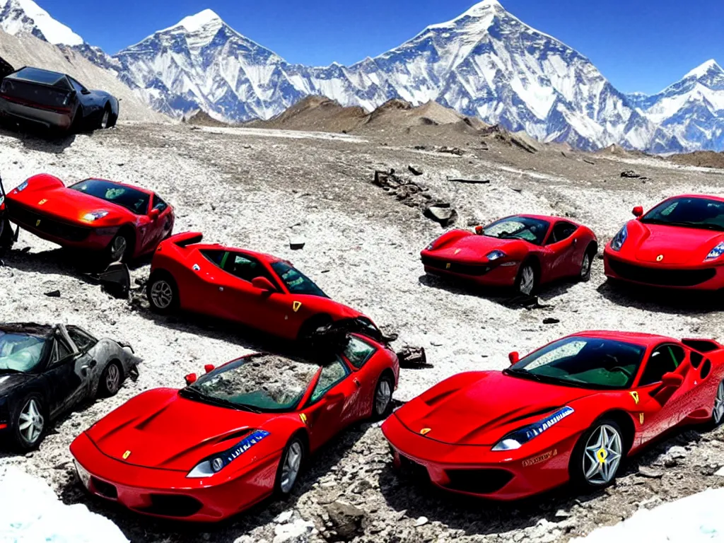 Prompt: a few crashed ferrari, 3 model lines on top of mount everest