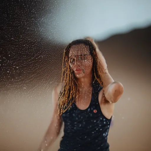 Prompt: a photo of a female doing basket in the desert while it's raining, 5 0 mm lens, f 1. 4, sharp focus, ethereal, emotionally evoking, head in focus, volumetric lighting, 8 k