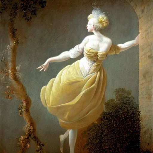 Prompt: thin, blonde women, lost on a labyrinth of concret building, in style of Jean-Honore Fragonard, surrealist