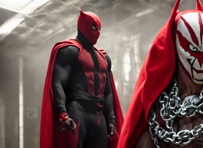Image similar to film still of michael b jordan as spawn in the new spawn movie, giant chains, large cape, 8 k