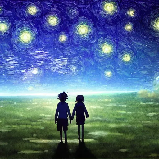 Image similar to Starry night, dreamy world, makoto shinkai, pixiv scenery art, light refraction