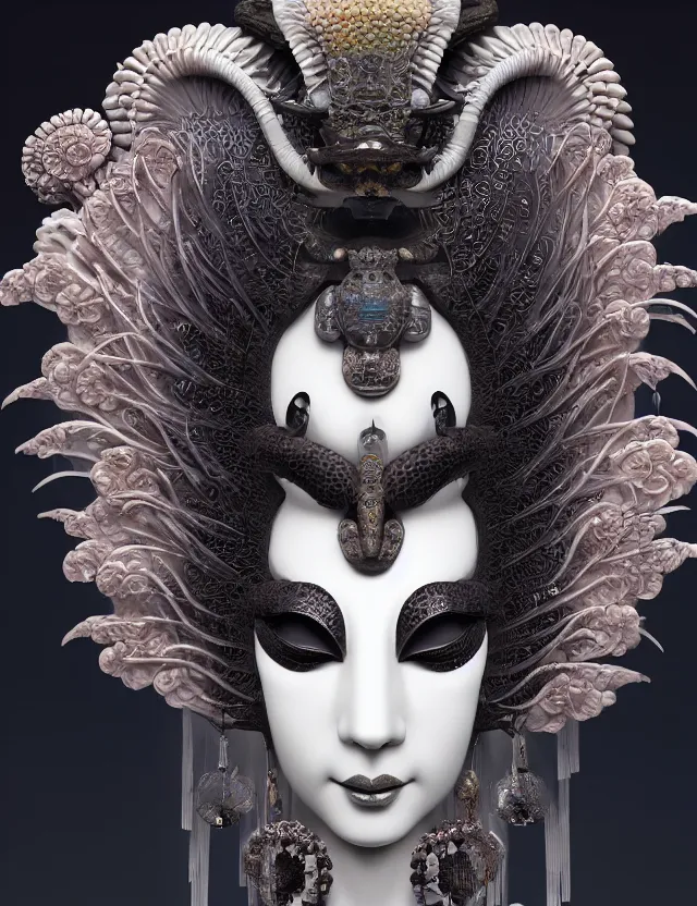 Image similar to 3 d goddess close - up 3 / 4 portrait with ram skull. beautiful intricately detailed japanese crow kitsune mask and clasical japanese kimono. betta fish, jellyfish phoenix, bio luminescent, plasma, ice, water, wind, creature, artwork by tooth wu and wlop and beeple and greg rutkowski