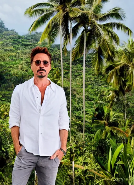 Image similar to a full portrait photo of robert downey jr holiday in bali, f / 2 2, 3 5 mm, 2 7 0 0 k, lighting, perfect faces, award winning photography.